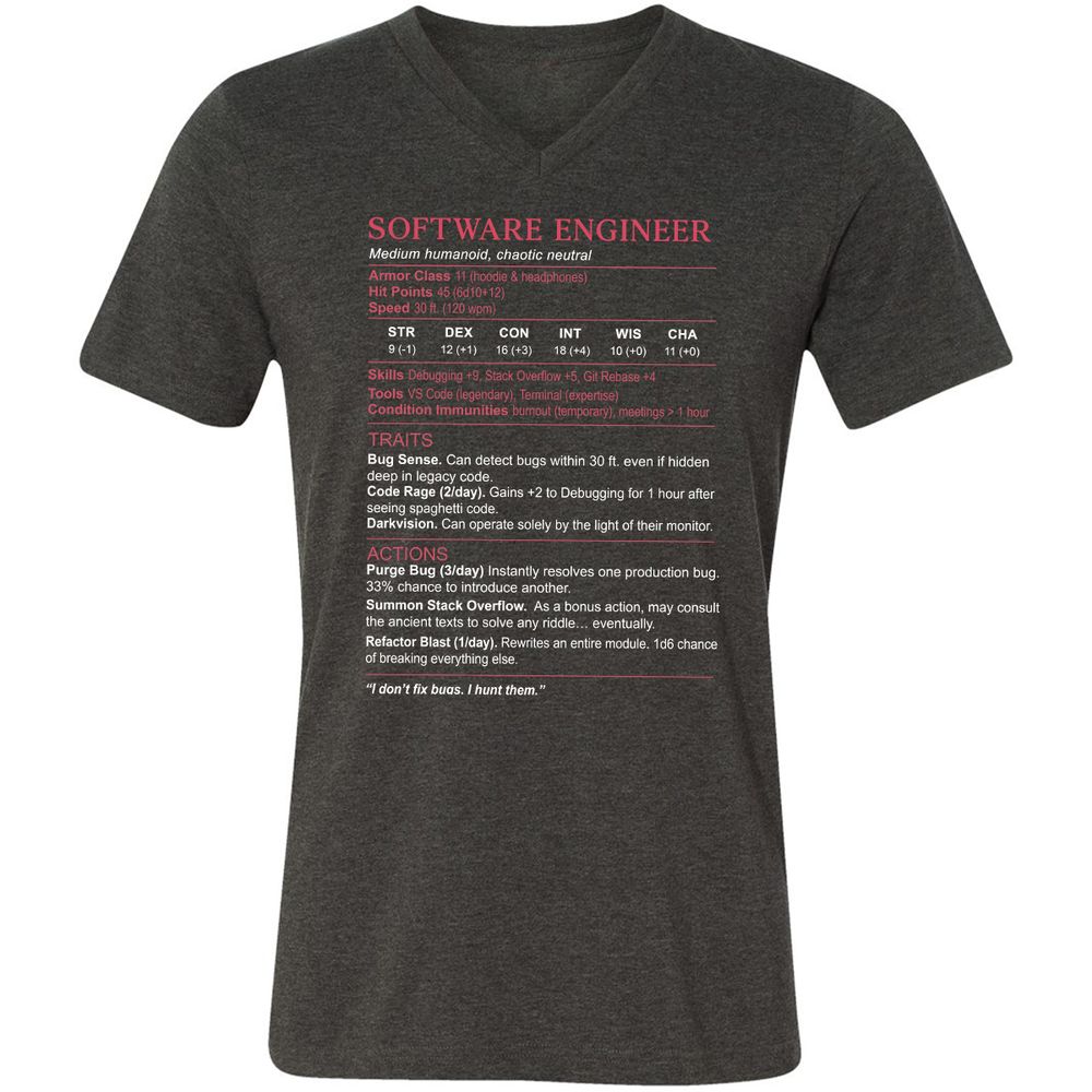 Software Engineer Stats Unisex V-Neck T-Shirt - Dark Grey Heather - 8