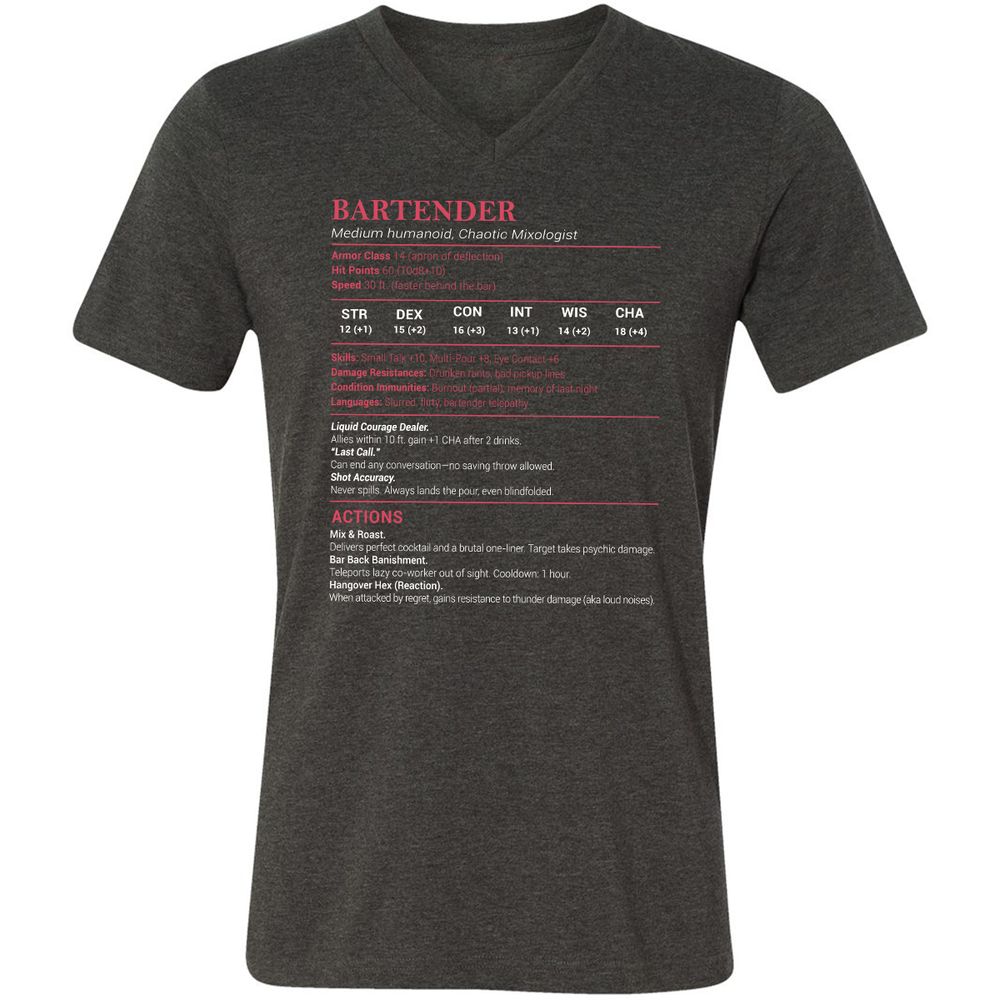 Bartender Stats Unisex V-Neck T-Shirt - Dark Grey Heather - 8