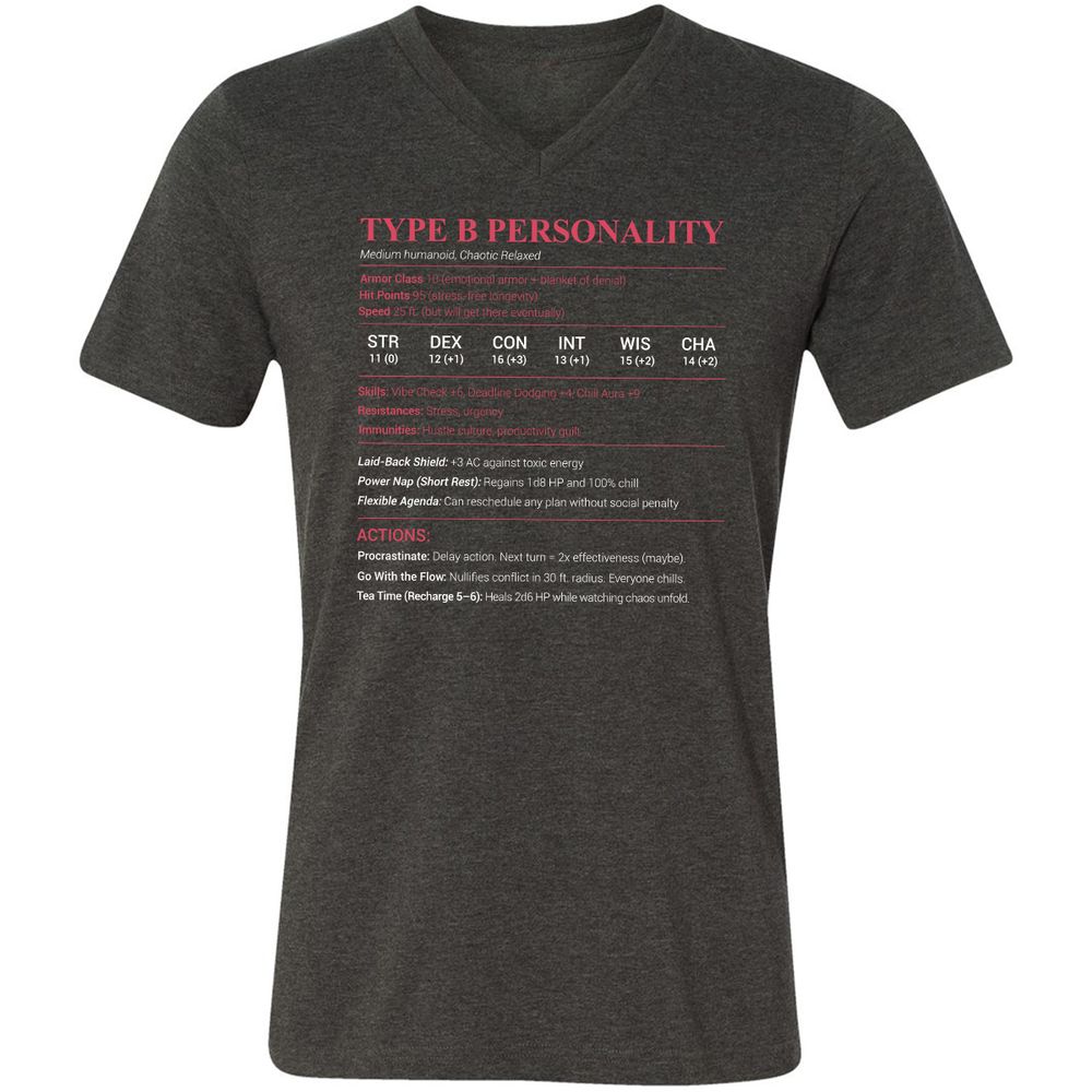 Type B Stats Unisex V-Neck T-Shirt - Dark Grey Heather - 8