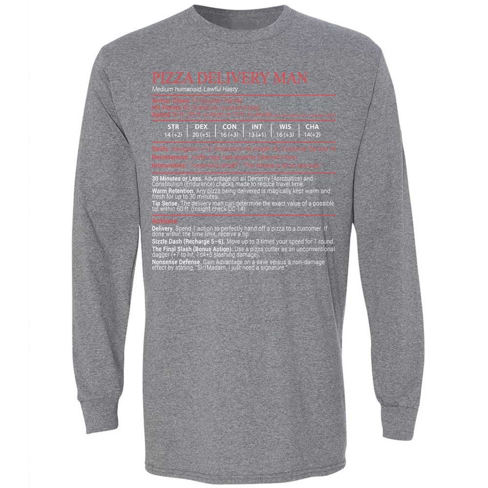 Pizza Delivery Man Stats Block Long Sleeve T-Shirt - Graphite Heather - 8