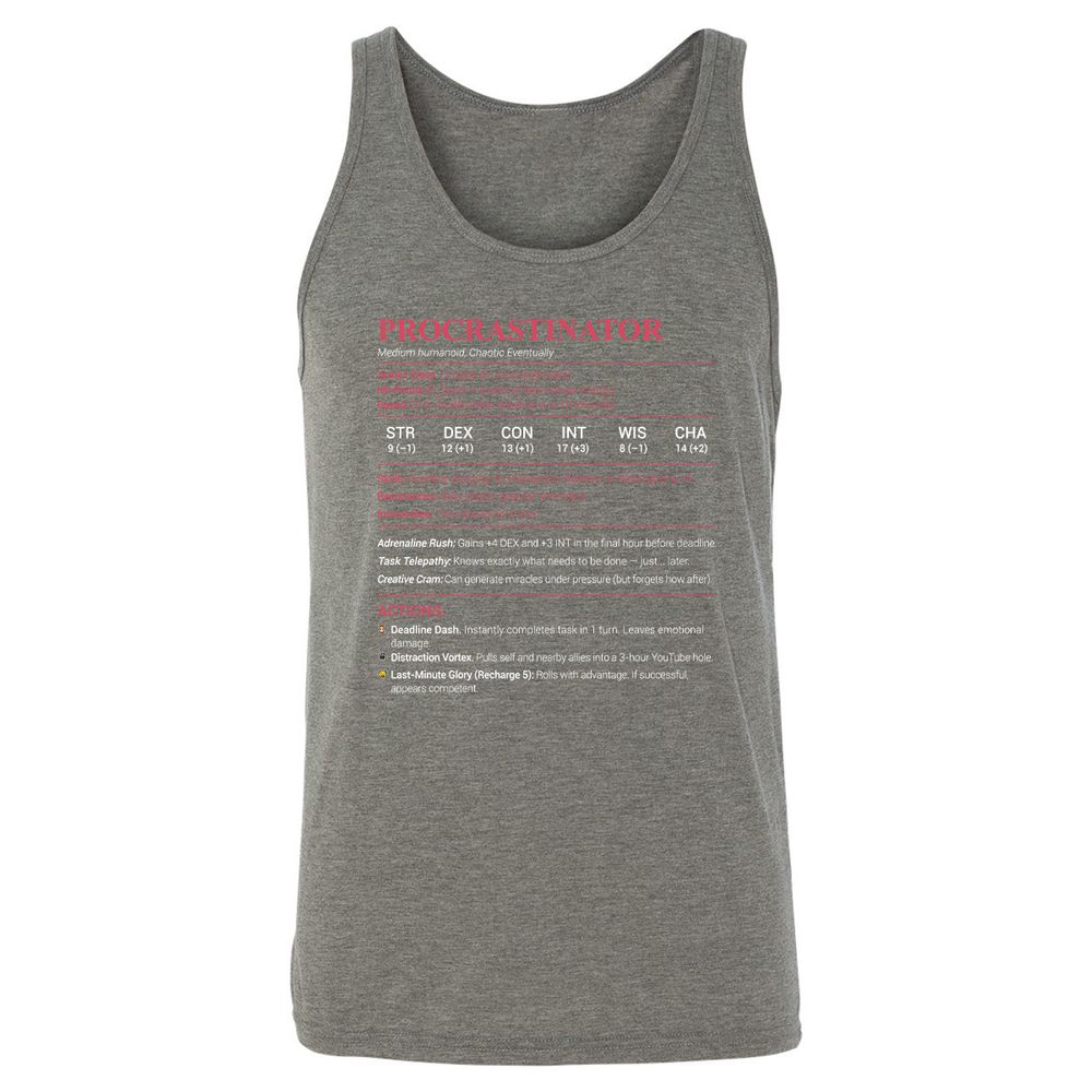 Procrastinator Stats Unisex Jersey Tank - Grey Triblend - 8