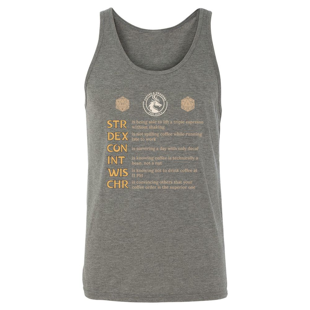 Coffee & Dragons RPG Stats Unisex Jersey Tank - Grey Triblend - 8