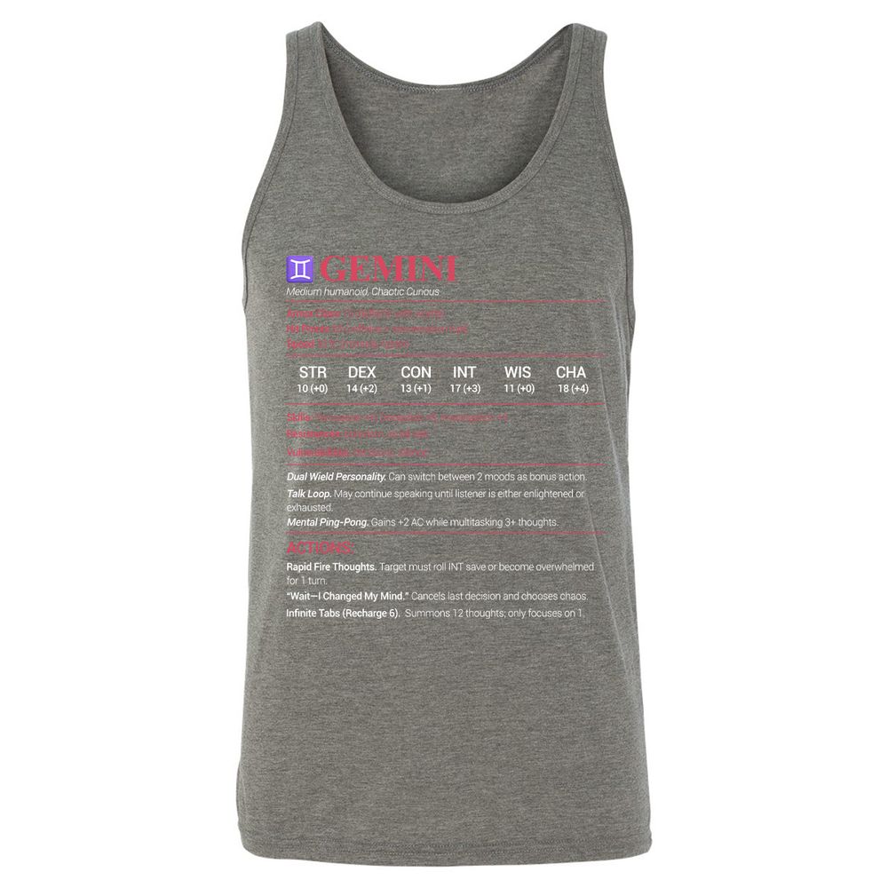 Gemini Stats Unisex Jersey Tank - Grey Triblend - 8