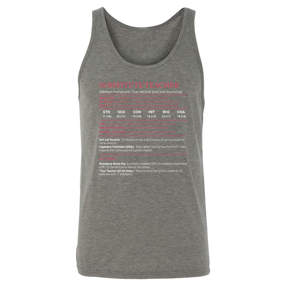 Substitute Teacher Stats Unisex Jersey Tank - Grey Triblend - 8