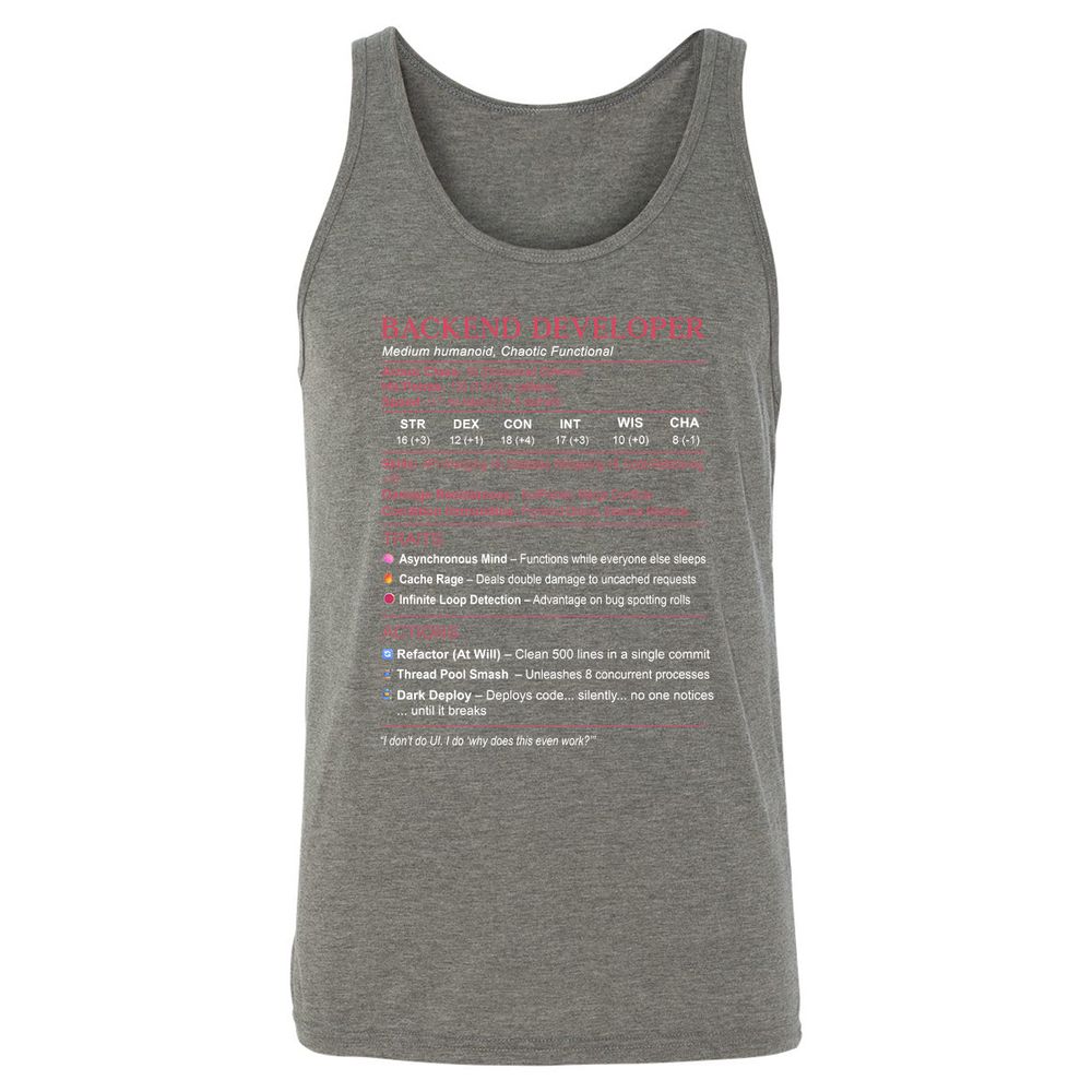 Backend Developer Stats Unisex Jersey Tank - Grey Triblend - 8