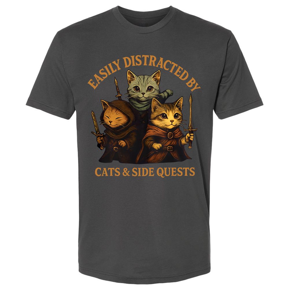 Easily Distracted By Cats & Side Quests Premium Unisex T-Shirt - Heavy Metal - 8