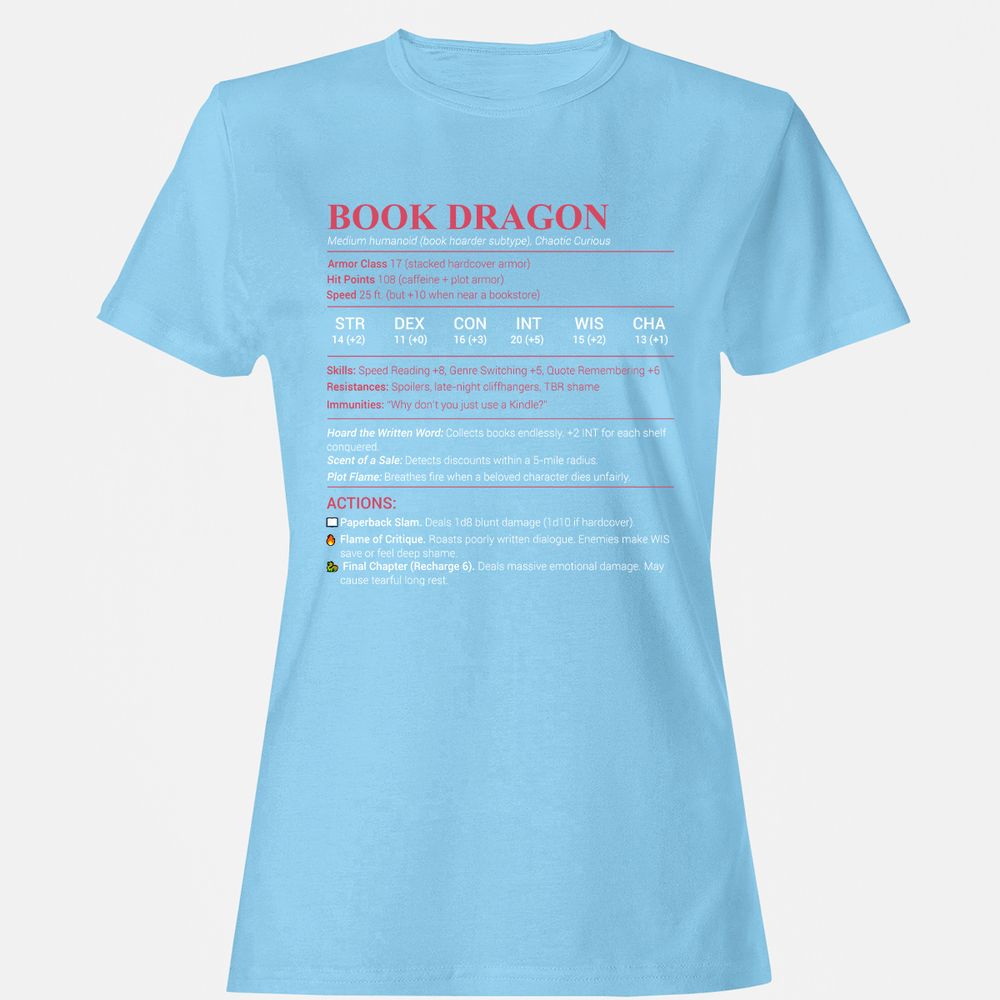 Book Dragon Stats Women's T-Shirt - Light Blue - 8