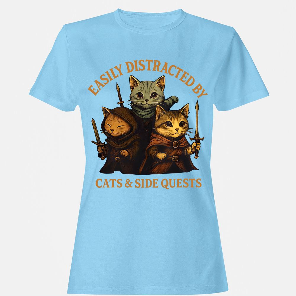 Easily Distracted By Cats & Side Quests Women's T-Shirt - Light Blue - 8