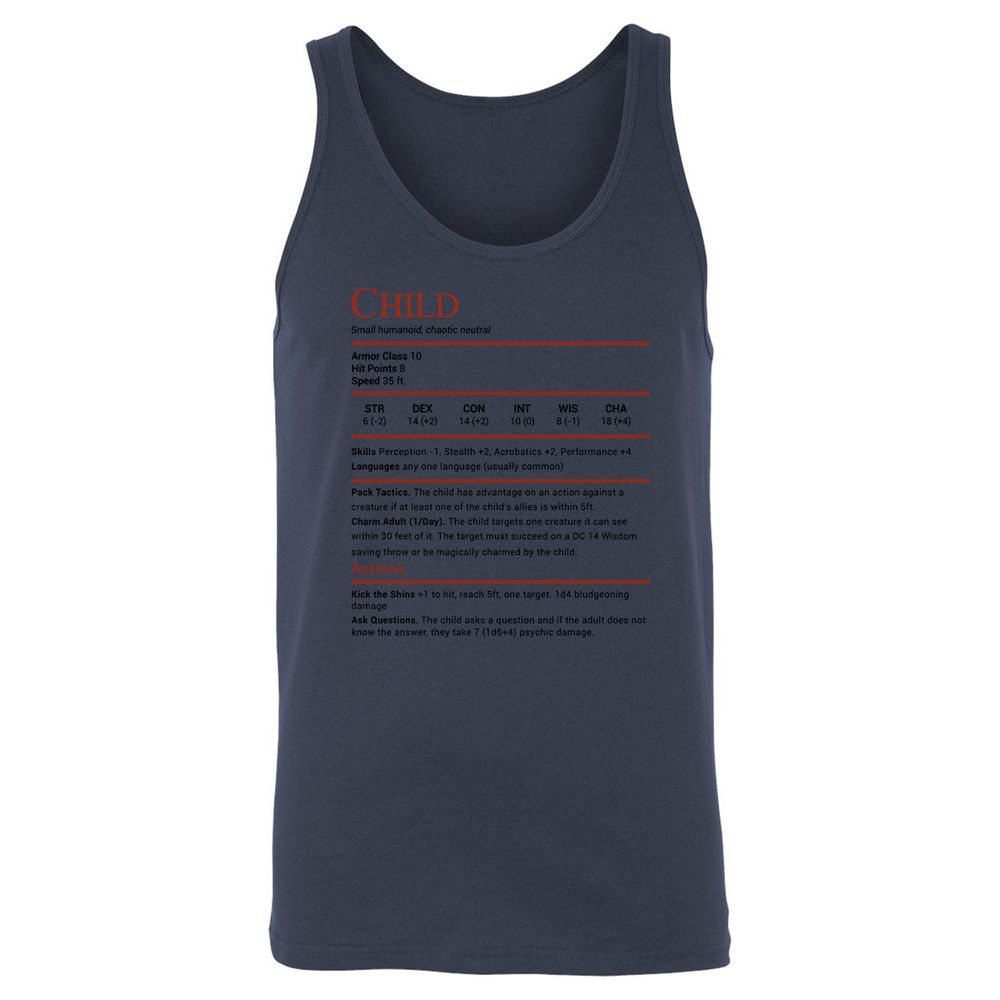 Child Stats Unisex Jersey Tank - Navy - 8