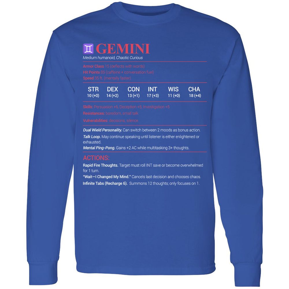 Gemini Stats Long Sleeve T-Shirt - Royal - 8
