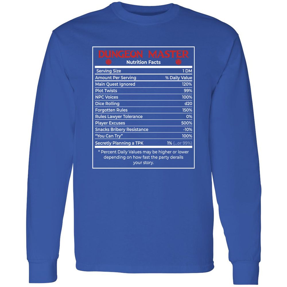 Dungeon Master Nutrition Facts Long Sleeve T-Shirt - Royal - 8