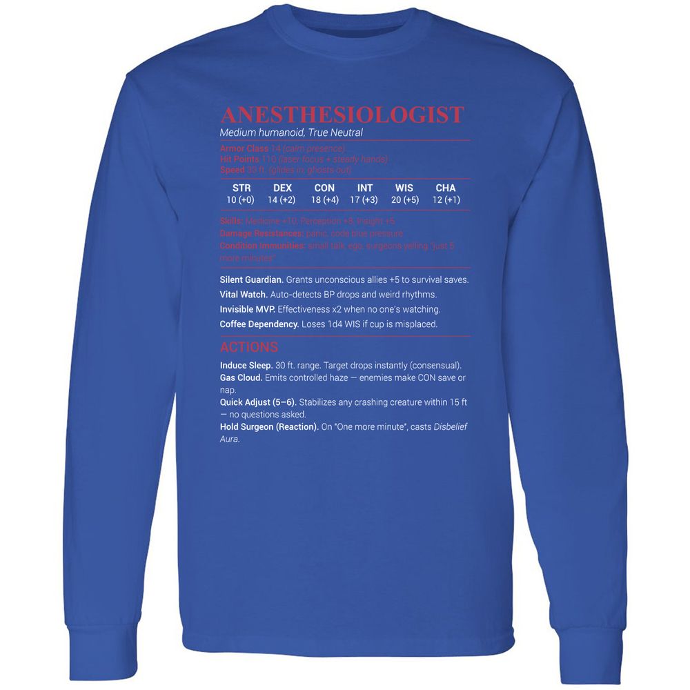 Anesthesiologist Stats Long Sleeve T-Shirt - Royal - 8