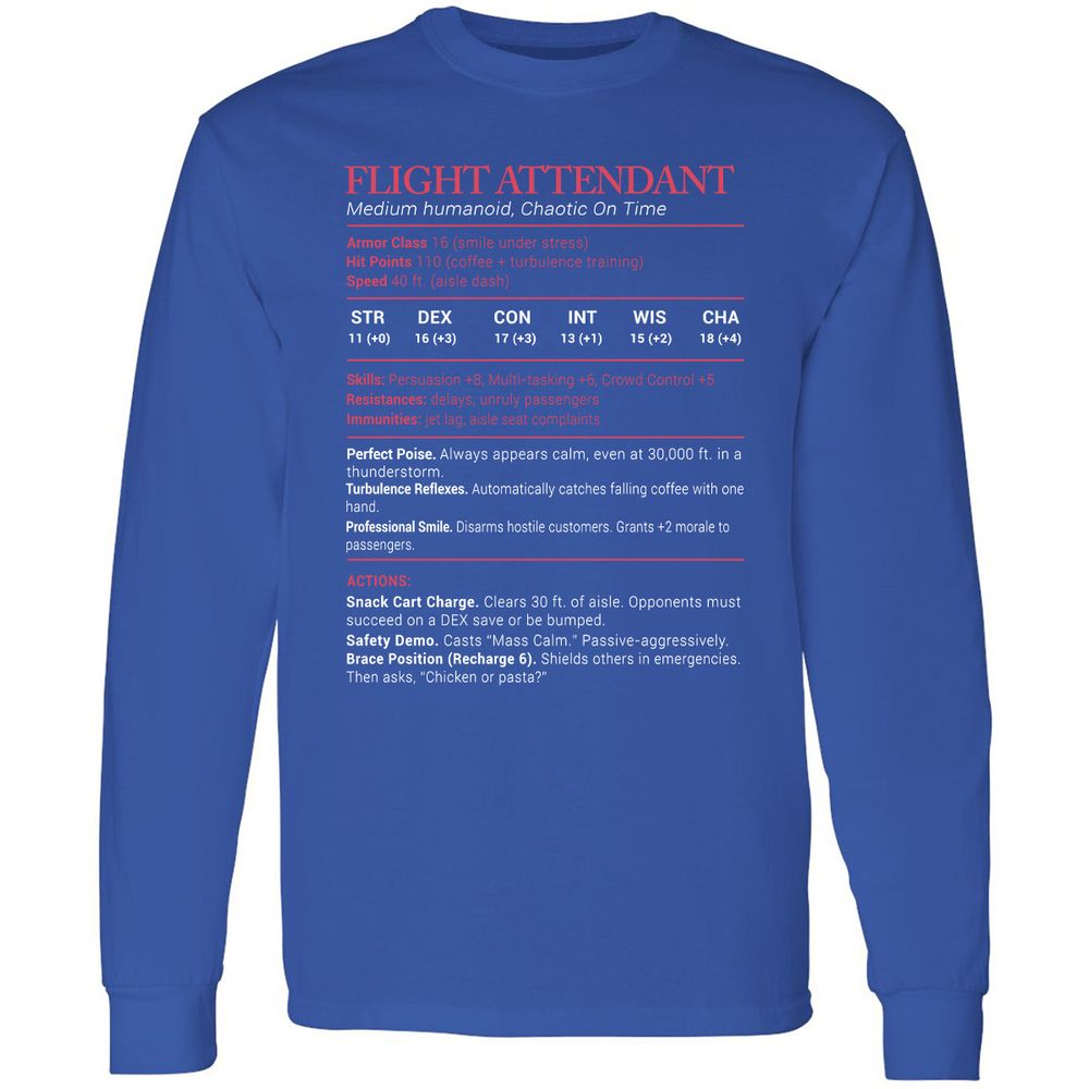 Flight Attendant Stats Long Sleeve T-Shirt - Royal - 8