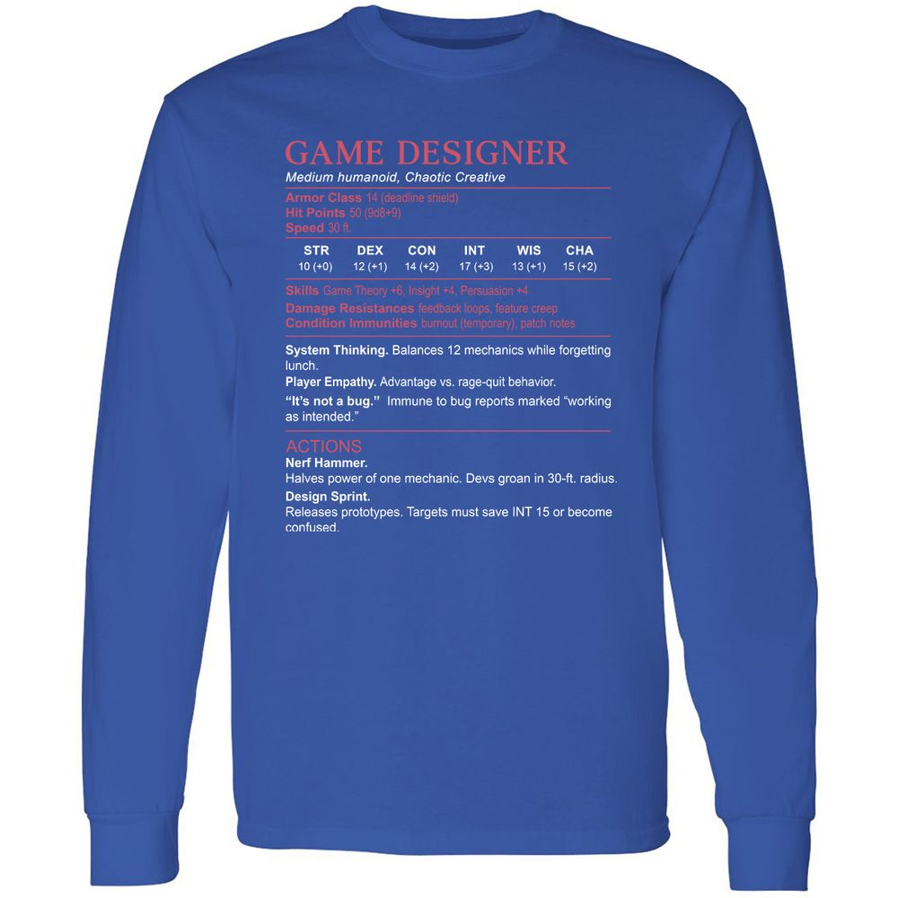 Game Designer Stats Long Sleeve T-Shirt - Royal - 8