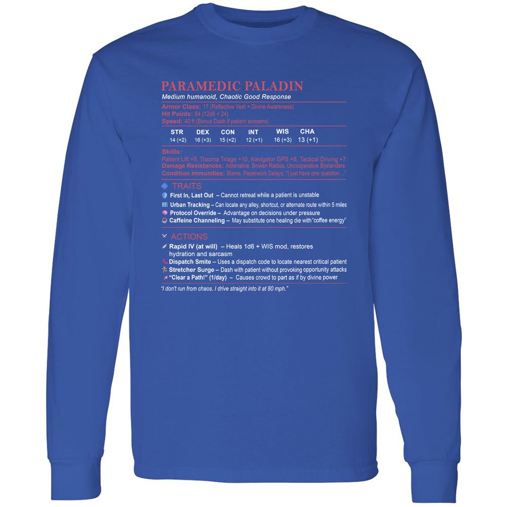 Paramedic Stats Long Sleeve T-Shirt - Royal - 8