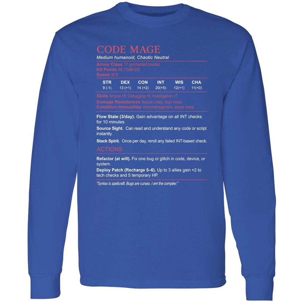 Code Mage Stats Long Sleeve T-Shirt - Royal - 8