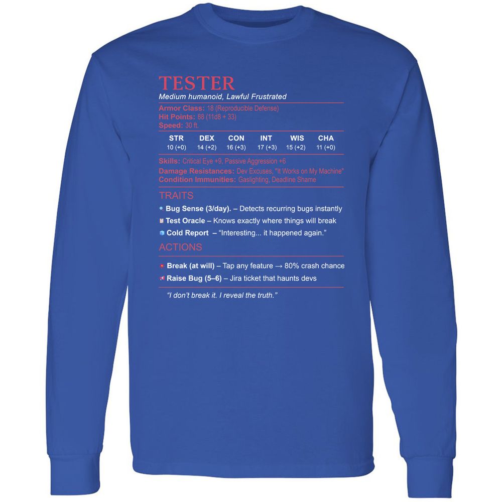 Tester Stats Long Sleeve T-Shirt - Royal - 8