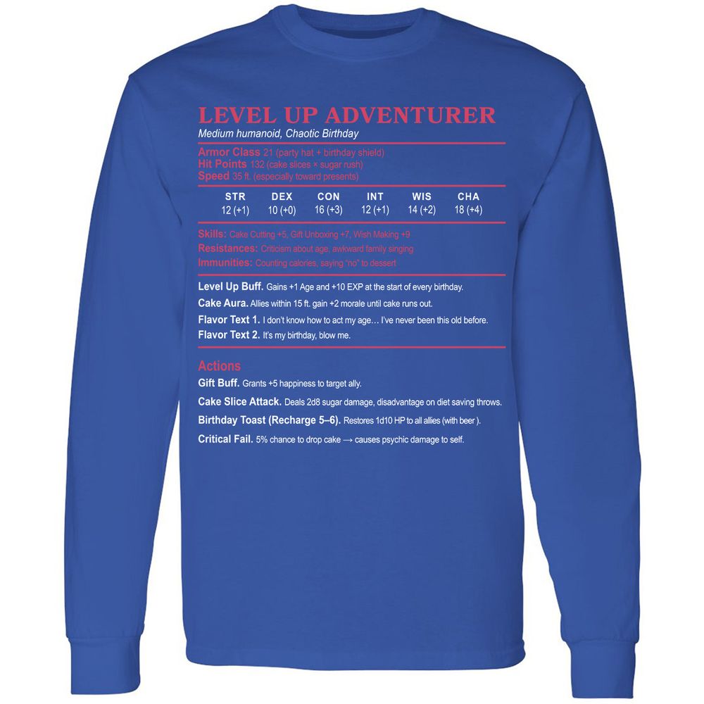 Level Up Adventurer Long Sleeve T-Shirt - Royal - 8
