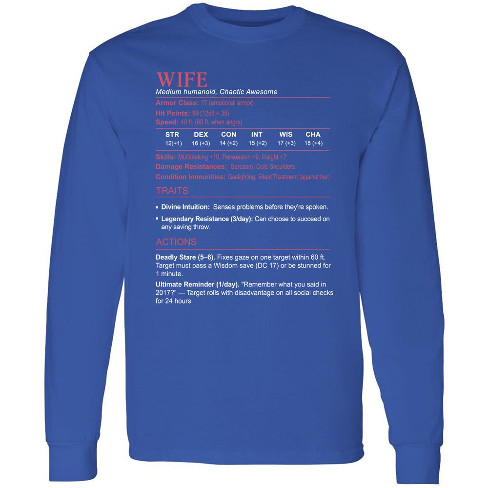 Wife Stats Long Sleeve T-Shirt - Royal - 8