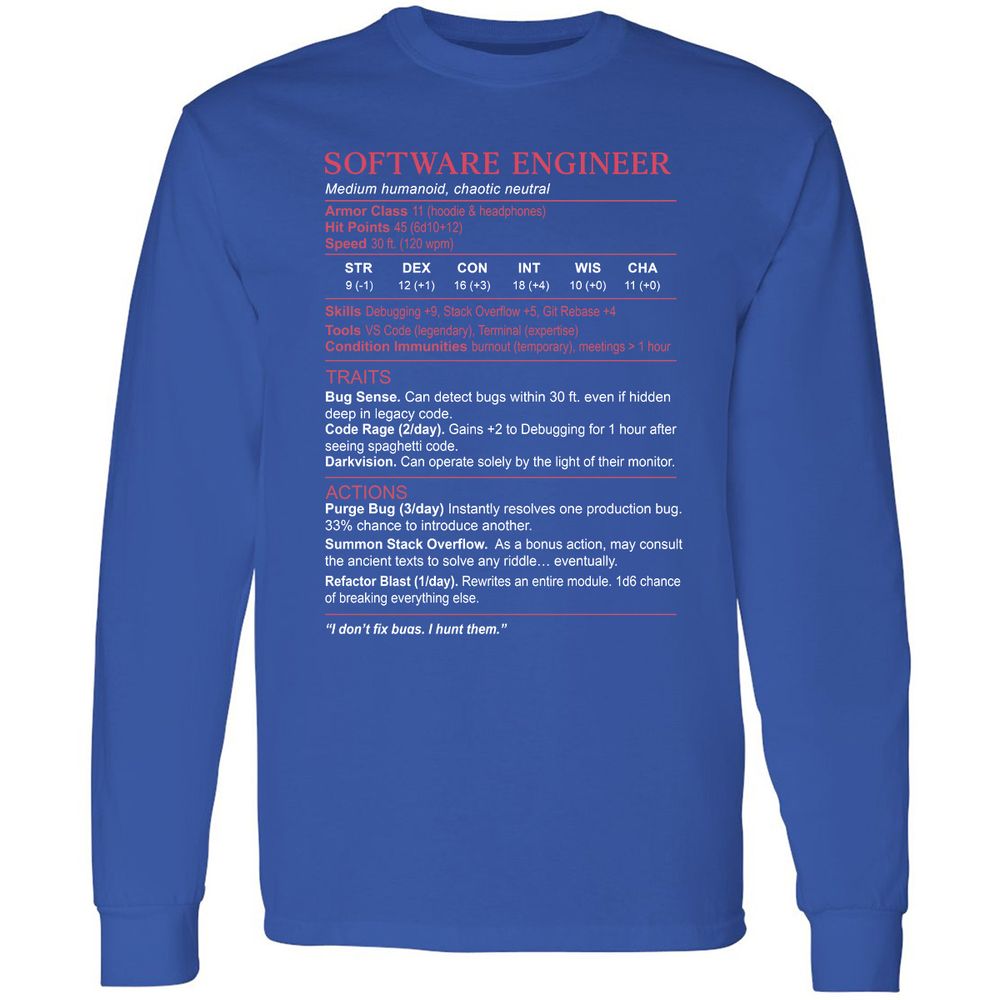 Software Engineer Stats Long Sleeve T-Shirt - Royal - 8