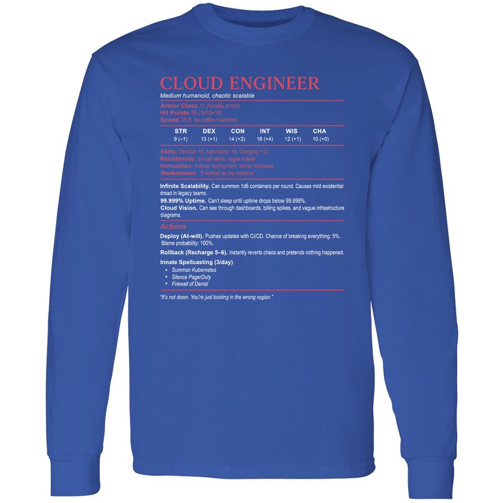 Cloud Engineer Stats Long Sleeve T-Shirt - Royal - 8