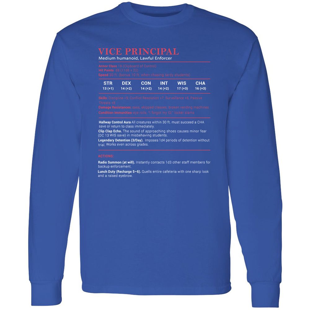 Vice Principal Stats Long Sleeve T-Shirt - Royal - 8