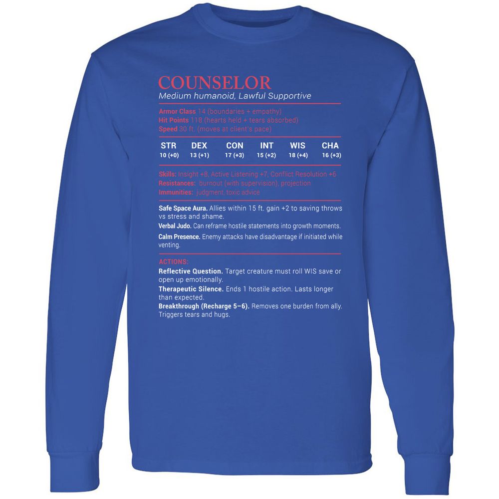 Counselor Stats Long Sleeve T-Shirt - Royal - 8