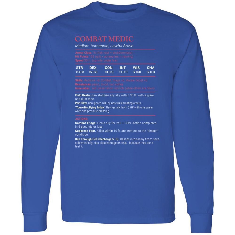 Combat Medic Stats Long Sleeve T-Shirt - Royal - 8