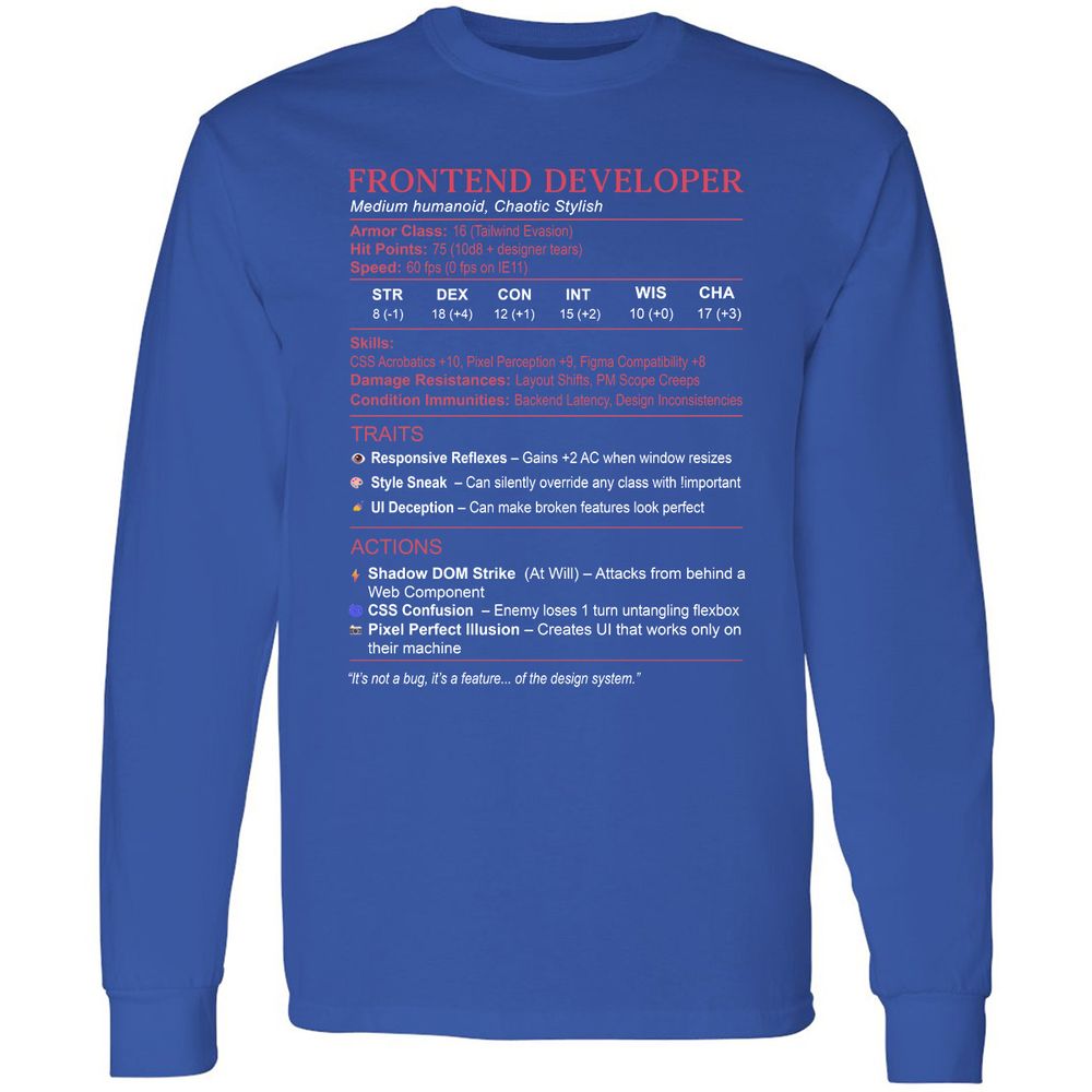 Frontend Developer Stats Long Sleeve T-Shirt - Royal - 8