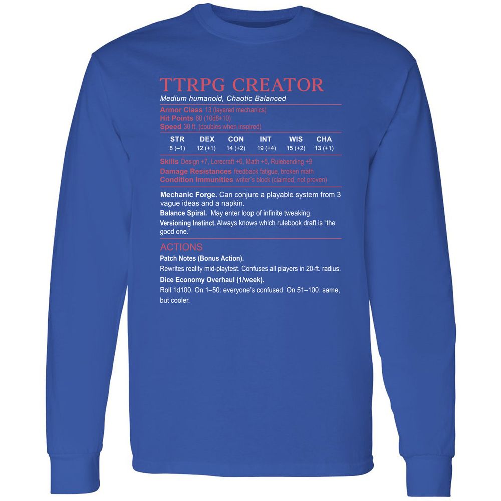 TTRPG Creator Stats Long Sleeve T-Shirt - Royal - 8