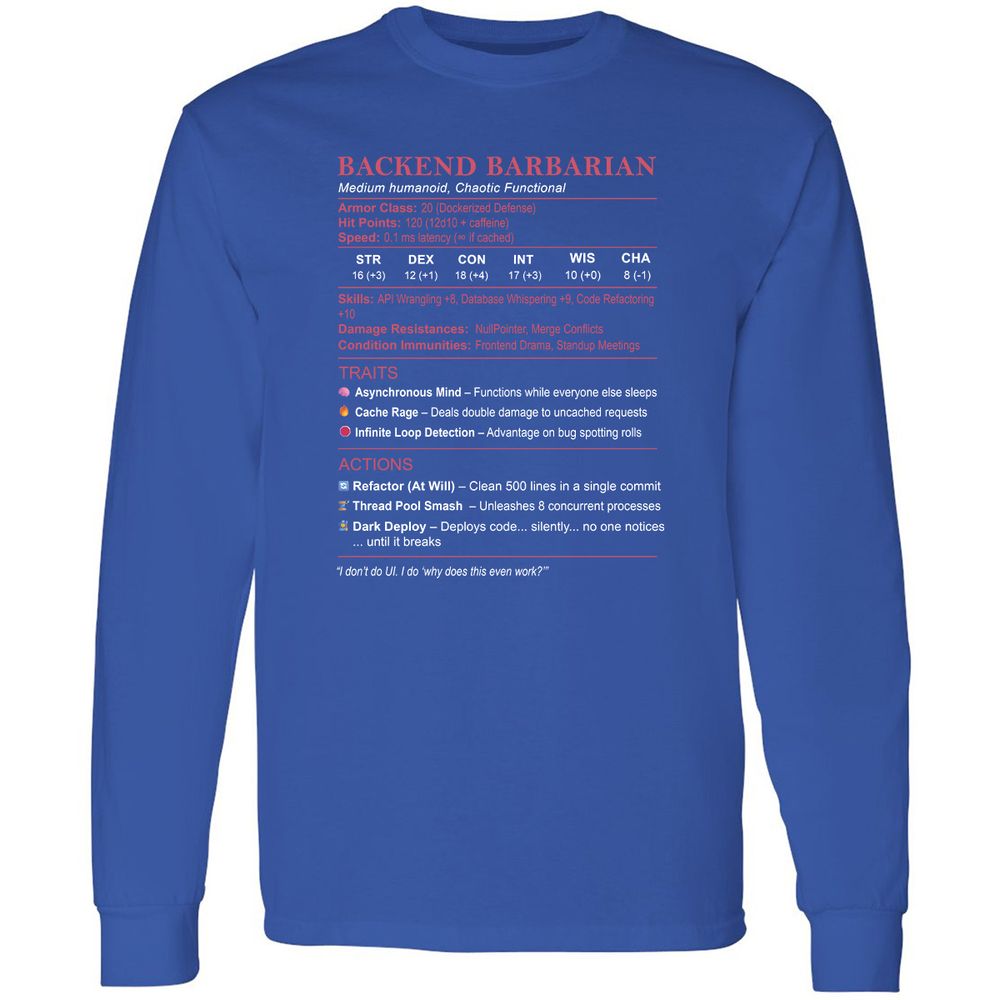 Backend Barbarian Stats Long Sleeve T-Shirt - Royal - 8