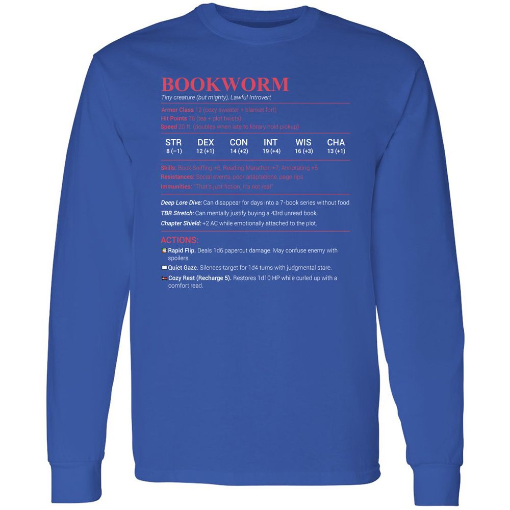 Bookworm Stats Long Sleeve T-Shirt - Royal - 8