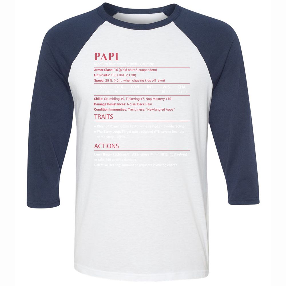 Papi Stats Unisex 3/4 Baseball Tee - White/Navy - 8