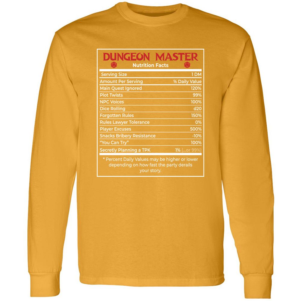 Dungeon Master Nutrition Facts Long Sleeve T-Shirt - Gold - 9