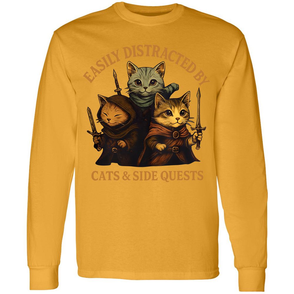 Easily Distracted By Cats & Side Quests Long Sleeve T-Shirt - Gold - 9