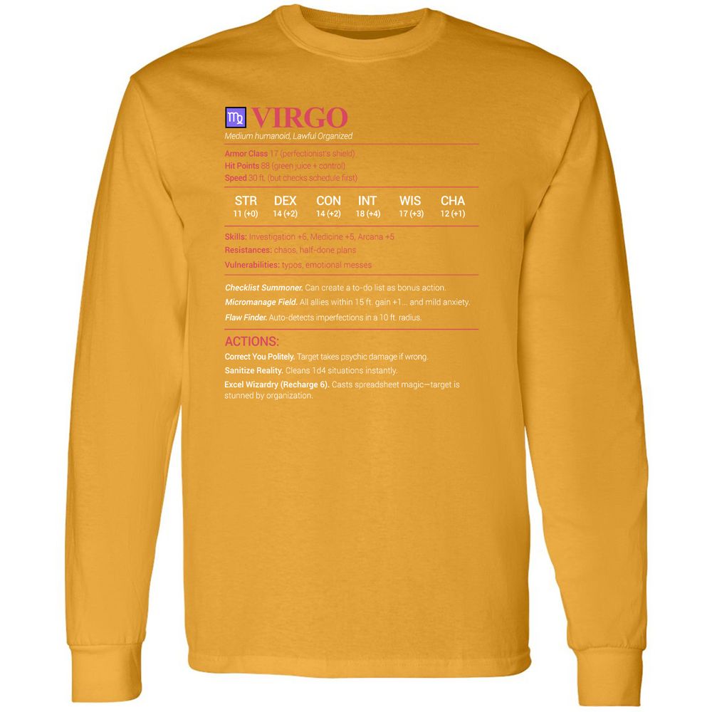 Virgo Stats Long Sleeve T-Shirt - Gold - 9