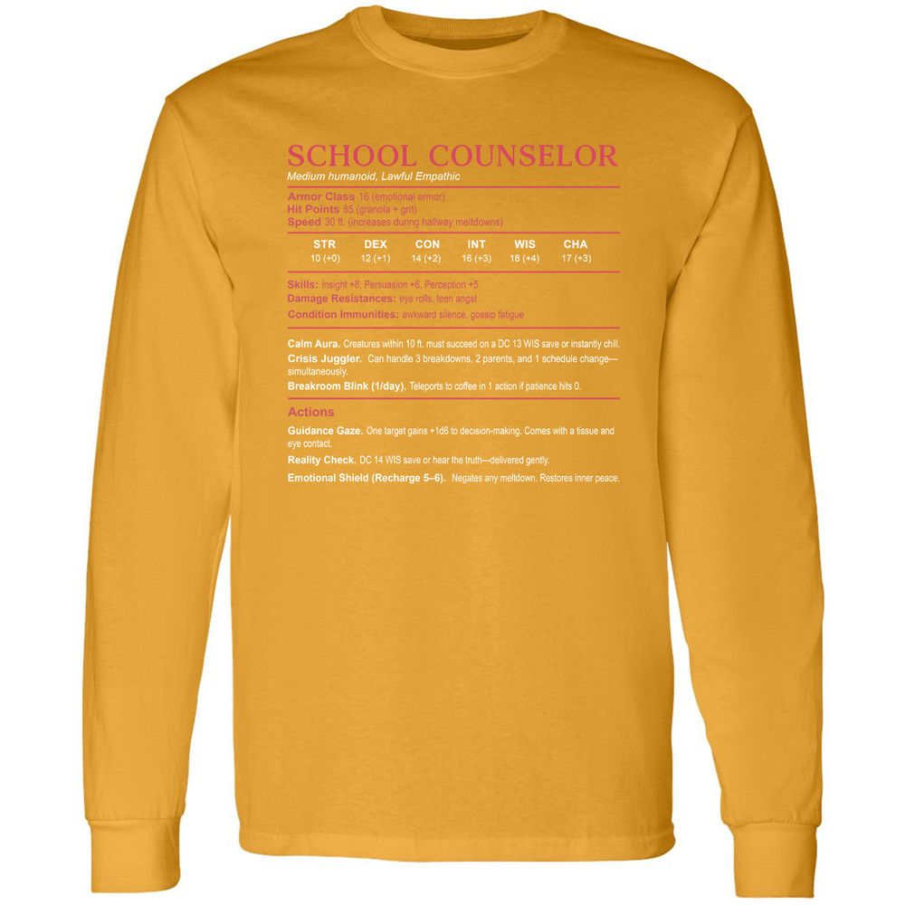 School Counselor Stats Long Sleeve T-Shirt - Gold - 9