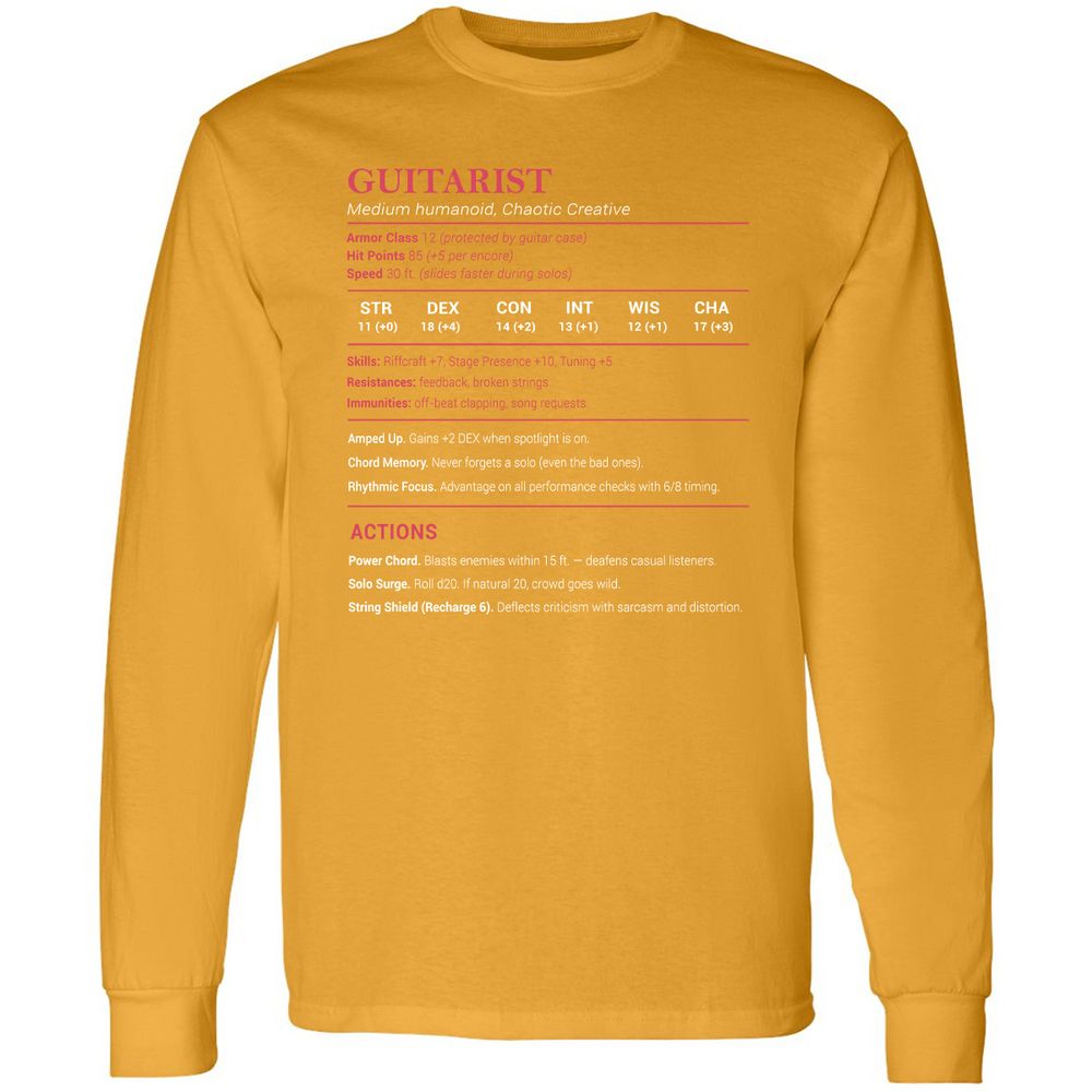 Guitarist Stats Long Sleeve T-Shirt - Gold - 9