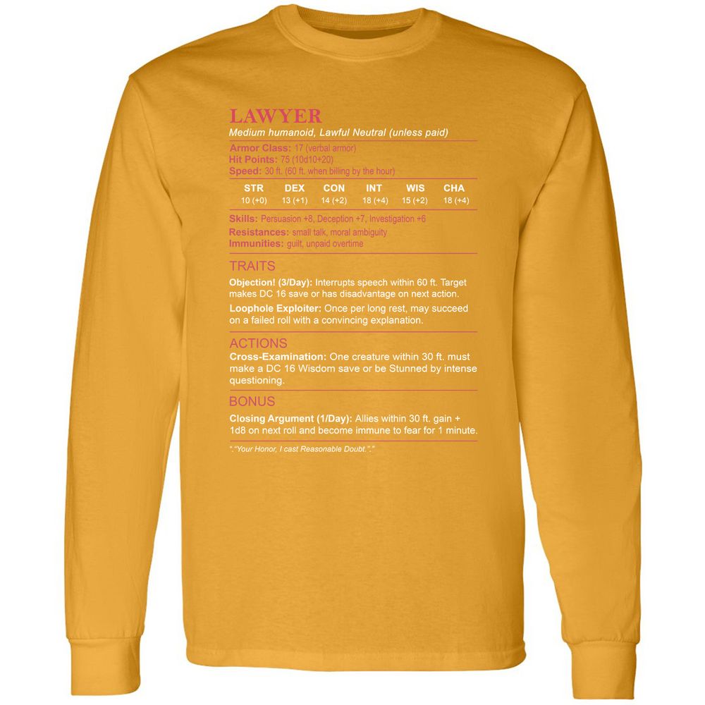 Lawyer Stats Long Sleeve T-Shirt - Gold - 9