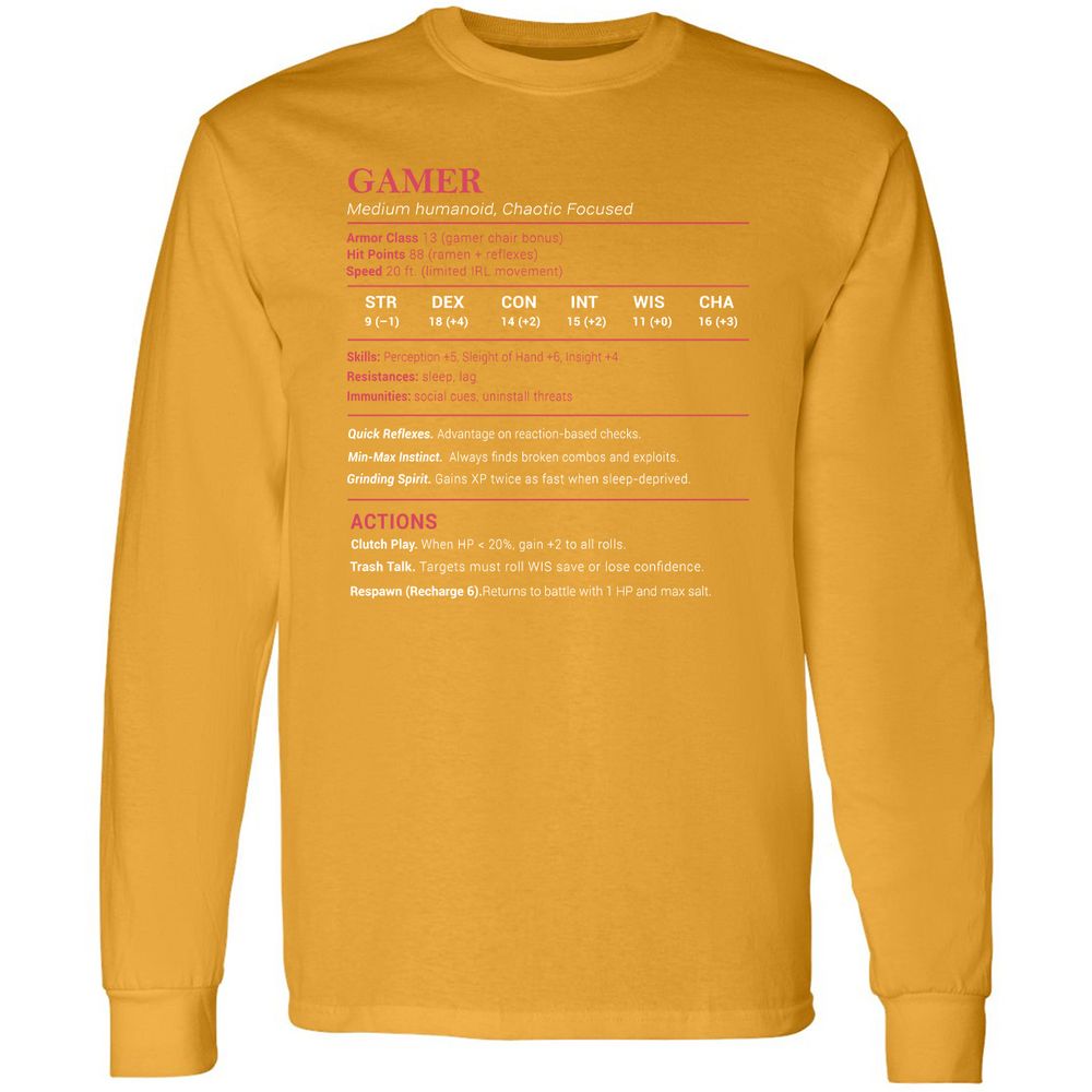 Gamer Stats Long Sleeve T-Shirt - Gold - 9