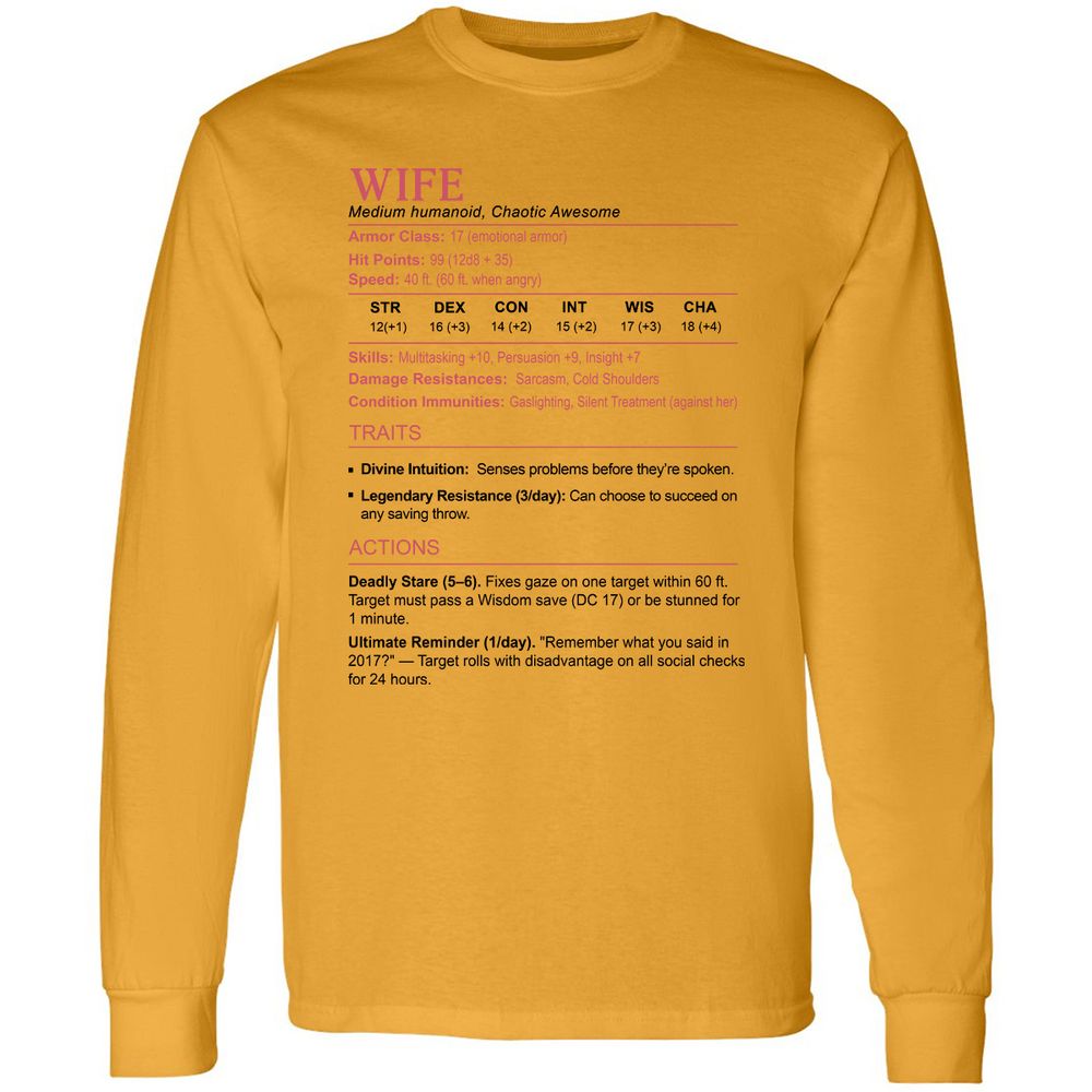 Wife Stats 2 Long Sleeve T-Shirt - Gold - 9