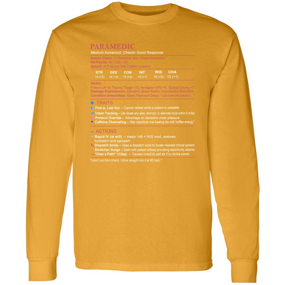 Paramedic Stats Long Sleeve T-Shirt - Gold - 9