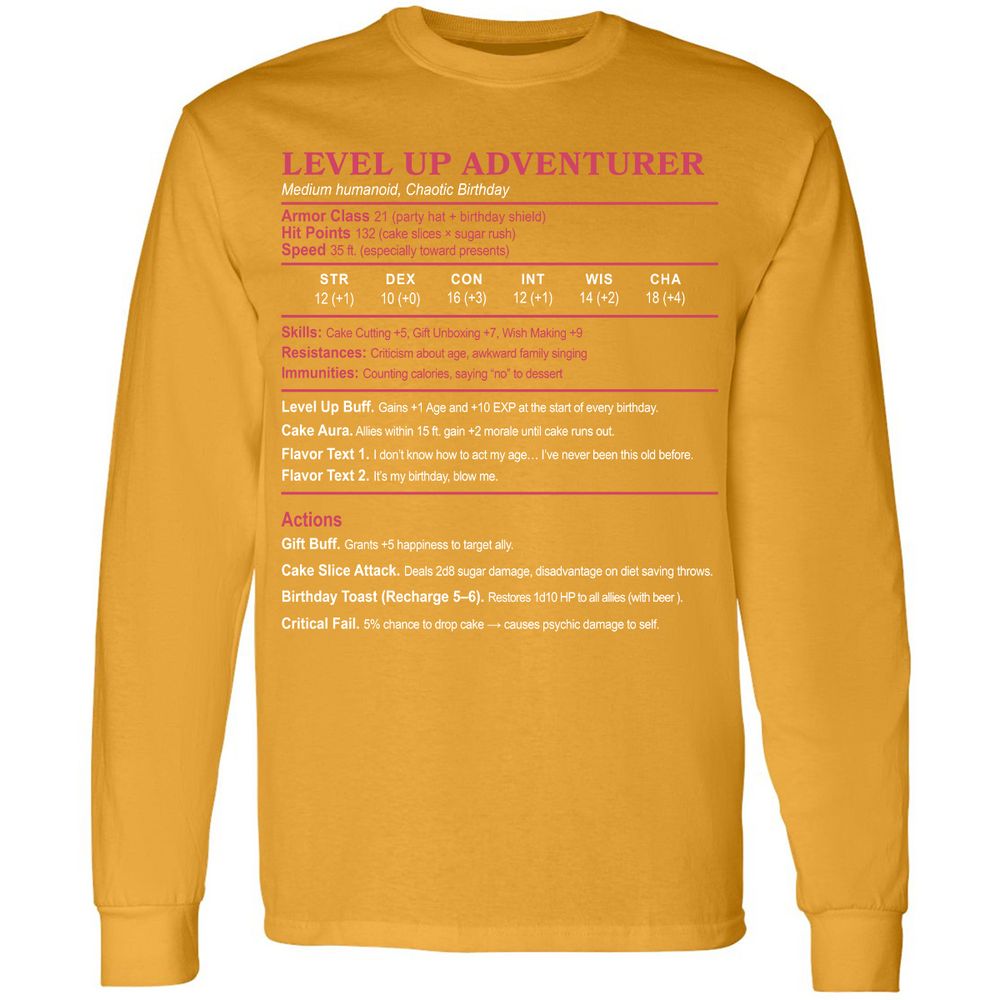 Level Up Adventurer Long Sleeve T-Shirt - Gold - 9
