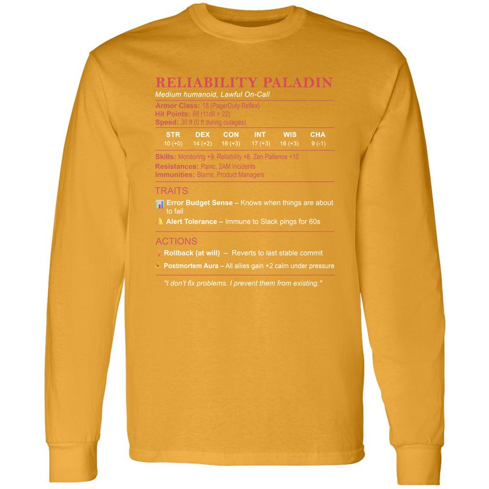 SRE Stats (Reliability Paladin) Long Sleeve T-Shirt - Gold - 9