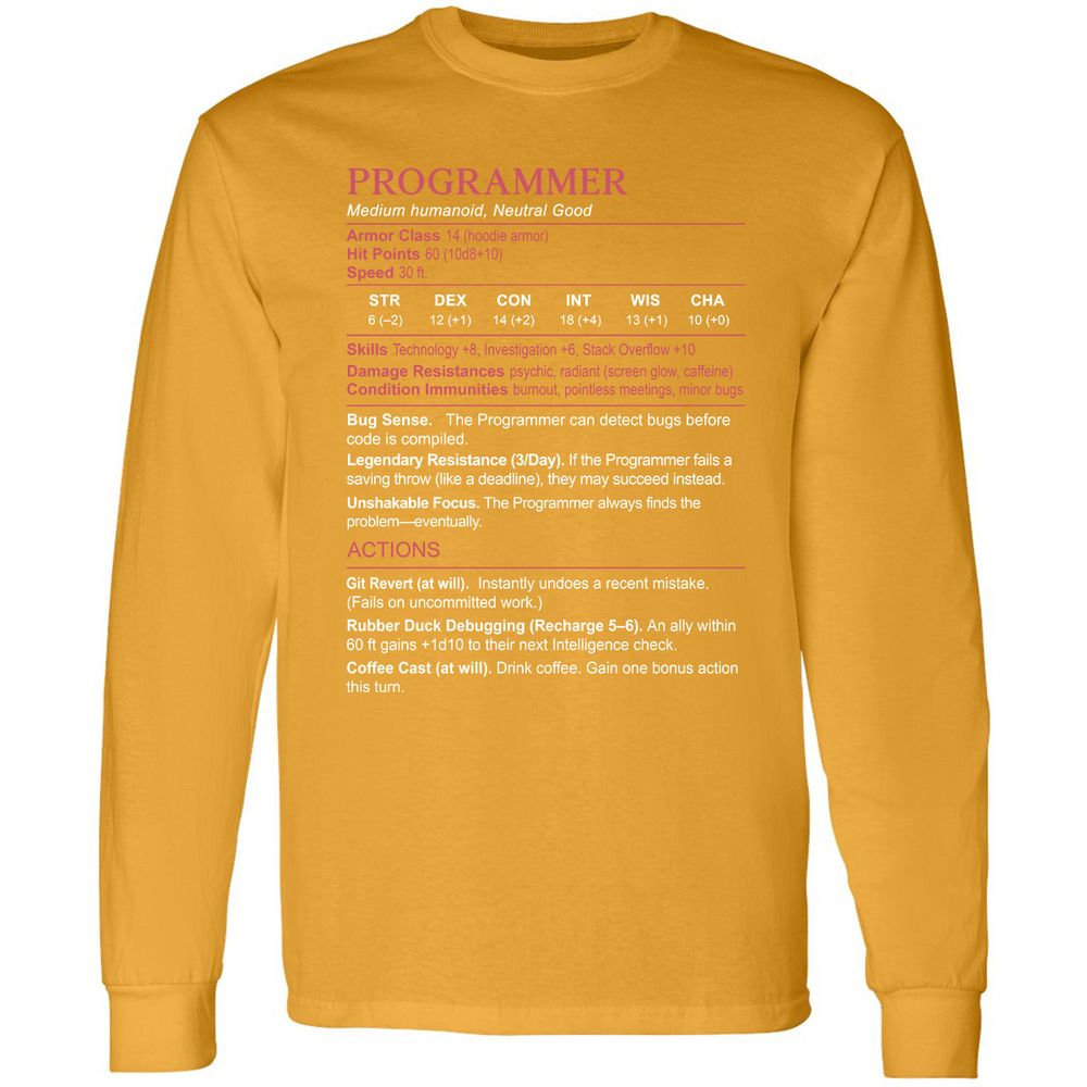 Programmer Stats Long Sleeve T-Shirt - Gold - 9