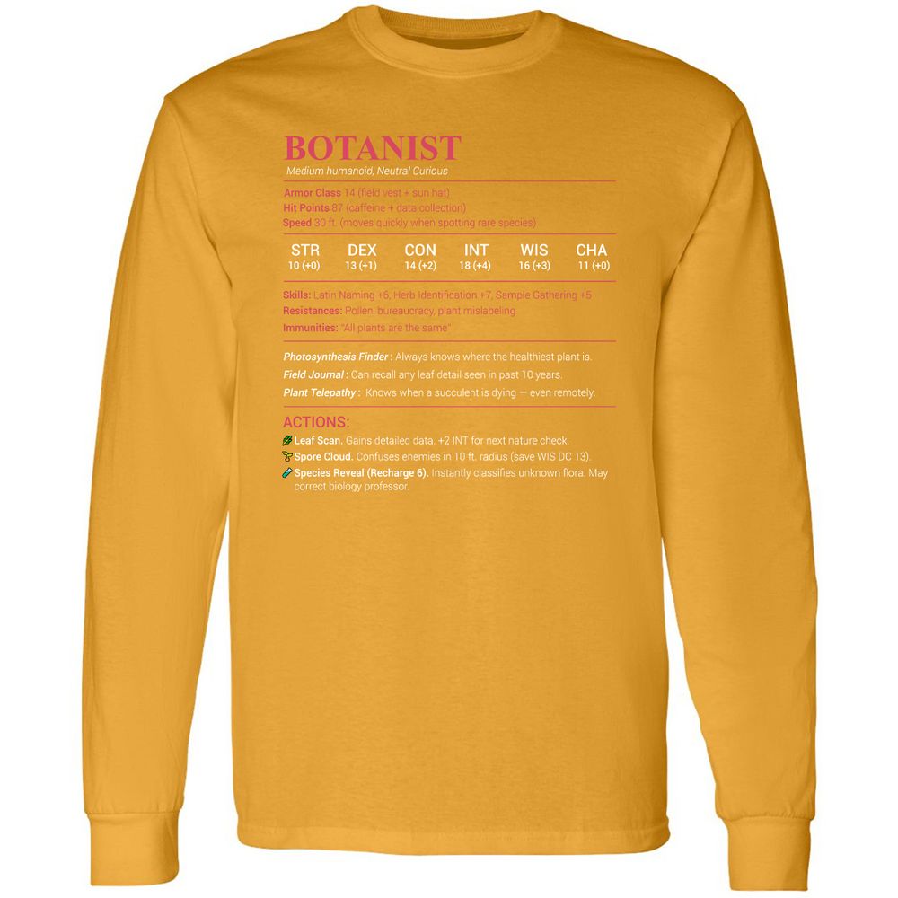 Botanist Stats Long Sleeve T-Shirt - Gold - 9