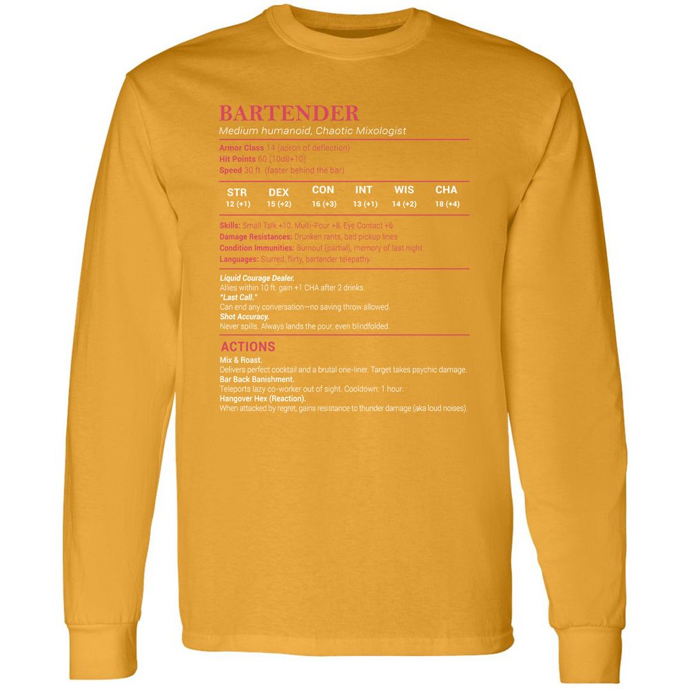 Bartender Stats Long Sleeve T-Shirt - Gold - 9