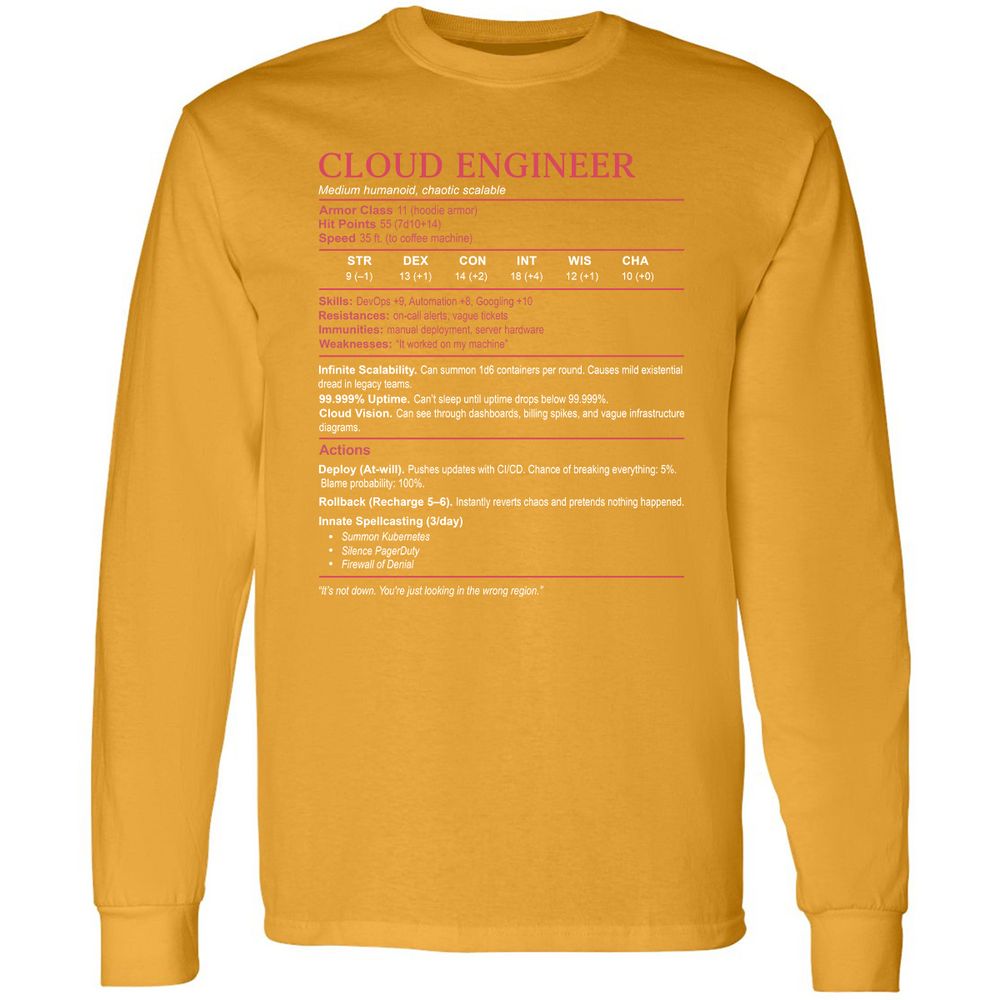 Cloud Engineer Stats Long Sleeve T-Shirt - Gold - 9