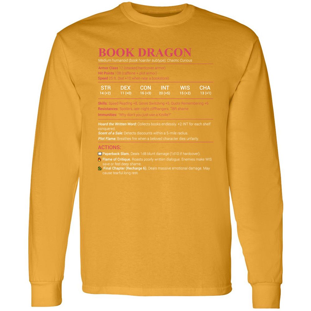 Book Dragon Stats Long Sleeve T-Shirt - Gold - 9