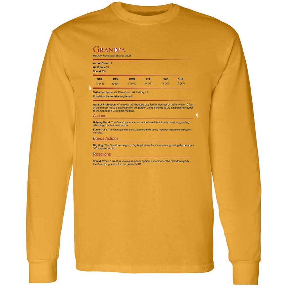 Grandpa Stat Block Long Sleeve T-Shirt - Gold - 9